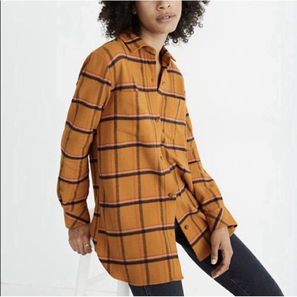 Madewell Women’s Shirt Size S Orange Flannel Classic Ex Boyfriend Plaid